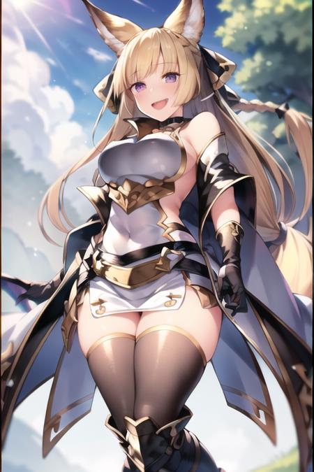 gbfyuisis, best quality, ultra-detailed, masterpiece, finely detail, highres, beautiful detailed eyes, 1girl, dynamic angle, shiny blonde hair, (long hair:1.05), braid, (half up half down:1.15), blunt bangs, (blonde fox ears:1.05), (erune:1.15), (purple eyes:1.10), (black ribbon:1.25), (big black hair ribbon with gold rim:1.25), black choker, (white very short dress:1.25), (white clothes:1.10), armor, breastplate, bare shoulders, (covered navel:1.15), open back, strapless, (very short skirt:1.10), black gloves, black belts, black kneehighs, zettai ryouiki, black panties, boots, (medium breasts:1.05), (blush:1.05), (temptation:1.10), lewd, smile, open mouth, standing, looking at  viewer, (from below:1.25), outdoor, grassland, sunny, (bloom:1.25) <lora:lora_yuisisv4_loha:0.75>