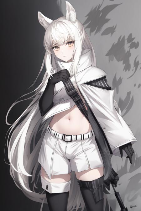 <lora:Platinum-10:1>, platinum, platinum (arknights), 1girl, solo, long hair, animal ears, navel, shorts, gloves, black gloves, midriff, two-tone background, white hair, horse ears, stomach, thighhighs, ((white shorts)), looking at viewer, tail, bangs, short shorts, standing, elbow gloves, crop top, hand up, horse tail, white background, cowboy shot, black thighhighs, horse girl, animal ear fluff, white jacket, very long hair, boots, belt, high collar, quiver, jacket, blue background, black footwear