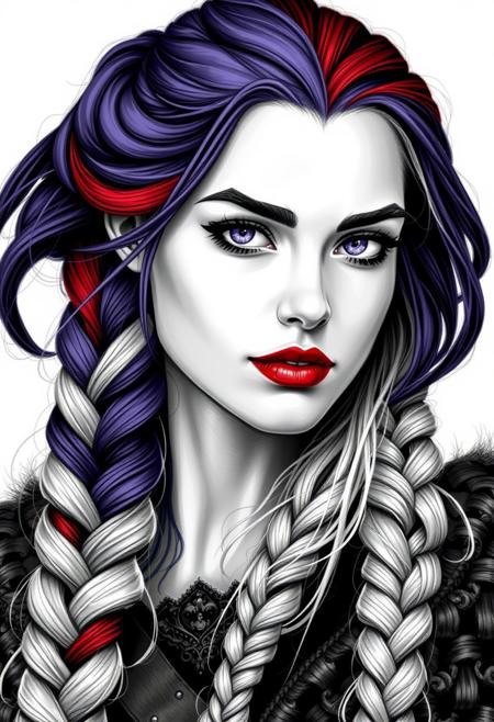 black and white portrait of a Viking warrior woman with braided purple,red, black and white  hair, wearing red lipstick, Purple eyes.full body and Different mimics and womanfaces,  long blonde braid, looking forward, white background, high contrast, low color palette, fantasy style, detailed --chaos 55 --ar 1:2 --personalize yruxpc2 --stylize 750 --v 6.1