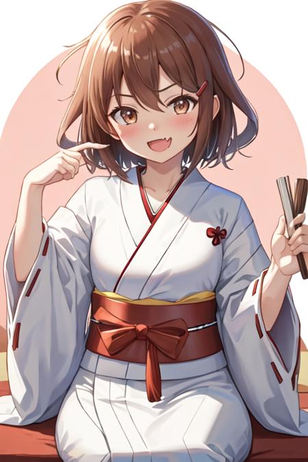 best quality, masterpiece, highres, solo, {white kimono:1.35}, {red hakama:1.35}, {wide sleeves:1.20}, {ikazuchi_kantaicollection:1.15}, brown_hair, short_hair, hairclip, hair_ornament, brown_eyes, serafuku, fang, open_mouth, smile, blush