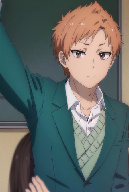 tatsumitanabe, <lora:tatsumi tanabe s1-lora-nochekaiser:1>,
tatsumi tanabe, short hair, (brown eyes:1.5), male focus, orange hair,
BREAK shirt, school uniform, jacket, white shirt, blazer, green jacket, (green blazer:1.5),
BREAK indoors, classroom,
BREAK looking at viewer, (cowboy shot:1.5),
BREAK <lyco:GoodHands-beta2:1>, (masterpiece:1.2), best quality, high resolution, unity 8k wallpaper, (illustration:0.8), (beautiful detailed eyes:1.6), extremely detailed face, perfect lighting, extremely detailed CG, (perfect hands, perfect anatomy),