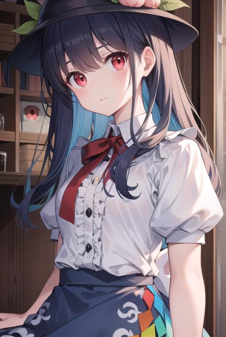 tenshi hinanawi, long hair, bangs, (red eyes:1.5), blue hair, skirt, shirt, hat, bow, white shirt, short sleeves, boots, frills, food, puffy sleeves, bowtie, apron, puffy short sleeves, blue skirt, black headwear, fruit, leaf, brown footwear, frilled skirt, cross-laced footwear, peach, (rainbow order:1.5),