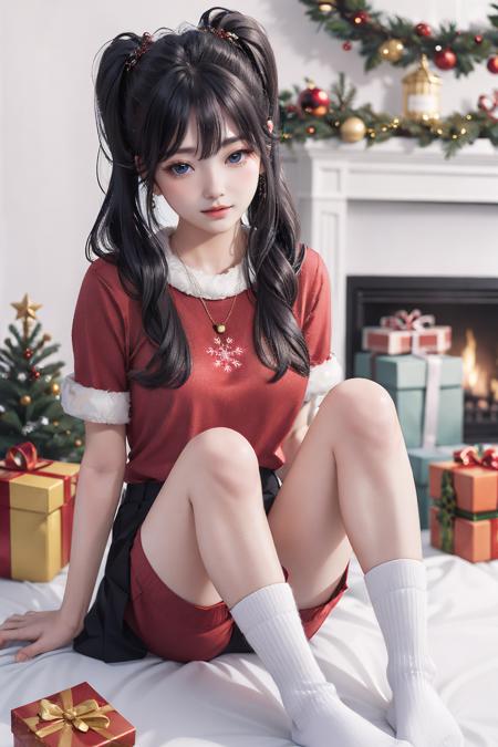 1girl,moyou,masterpiece,best quality,1girl,winterstyle,christmasstyle,1girl,solo,christmas tree,black hair,realistic,smile,twintails,christmas,stuffed toy,sitting,gift,stuffed animal,teddy bear,socks,christmas ornaments,looking at viewer,