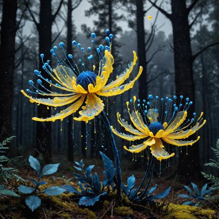 Ink illustration, bioluminescent flower, fabulous night forest, magical radiance, Concept art, depth of field, realistic, cinematic lighting, soft shadows, asymmetrical fractal, colorful, vivid yellow and navy colors, volumetric lighting, wind, particles floating on the breeze, petals falling, ink stains, ink splatters, ink runs, ink spots, faded ink linquivera