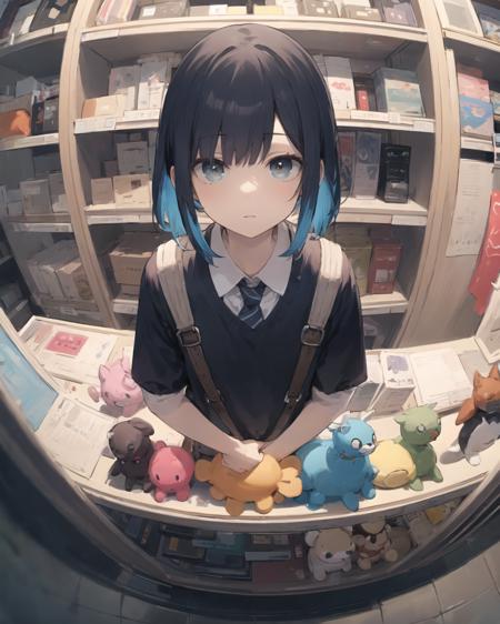 (masterpiece, best quality), (colorful:1.4), from above, solo, 1girl standing in a store with lots of stuffed animals on the shelves and a bag of stuff, depth of field, fisheye lens,looking at viewer,