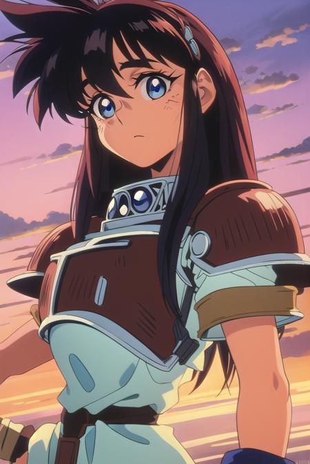 ihrie, <lora:ihrie-lora-nochekaiser:1>,
ihrie, long hair, blue eyes, black hair, (retro artstyle:1.5), (1990s \(style\):1.5),
BREAK gloves, short sleeves, fingerless gloves, armor, shoulder armor, brown gloves, pauldrons, breastplate, red armor,
BREAK looking at viewer,
BREAK outdoors,
BREAK <lyco:GoodHands-beta2:1>, (masterpiece:1.2), best quality, high resolution, unity 8k wallpaper, (illustration:0.8), (beautiful detailed eyes:1.6), extremely detailed face, perfect lighting, extremely detailed CG, (perfect hands, perfect anatomy),