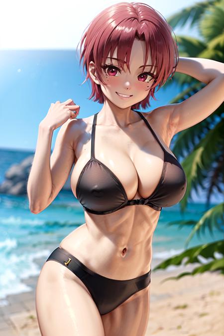 (masterpiece, best quality:1.2), bazett, fgo, 1girl, solo, arms behind head, arms up, grin, blush, short hair, red hair, bangs, red eyes, mole under eye, huge breasts, bikini, swimsuit <lora:BAZETT-15:0.8>