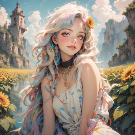 masterpiece, high quality, highres, absurdres, 1 girl, white hair, violett eyes, shiort hair, hair hair ornament, glimmer, glitter, small breasts, white dress, sunfield, sunflower field, smiling, happy, blush, sitting, glowing, glow, ((half body), chistyle, style, chi, detailchi, rolling eyes, half body, jewelry, sepia, art, abstrakt art, mosaic,  <lora:GoodHands-beta2 (1):1.5>,   <lora:chiistyle:0.4>, <lora:asb-CH2:1>,   <lora:Dreamwave v2.5_8200:1>,  <lora:80'sFusion:0.5>