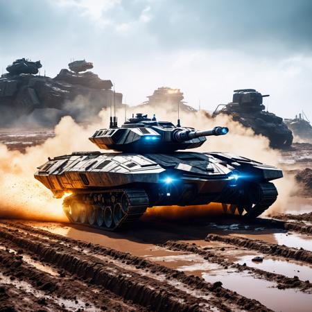 masterpiece, raw photo,cinematic shot,professional photography, professional lighting, a futuristic hover tank with a laser turret levitating above a muddy battlefield
