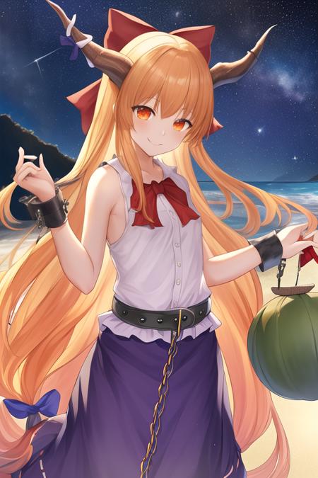 masterpiece, best quality, highres, solo, {night:1.10}, {starry sky:1.10}, beach, beautiful detailed sky, {extremely detailed background:1.20}, {ibuki_suika_touhou:1.10}, {standing:1.10}, looking at viewer, {bikini:1.30}, horns, bow, long_hair, hair_bow, ribbon, horn_ornament, sleeveless, horn_ribbon, chain, smile, orange_hair, red_bow, wrist_cuffs, very_long_hair, bangs, belt, gourd, low-tied_long_hair, blonde_hair, light smile