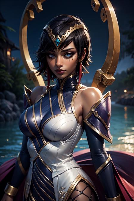 karma \(league of legends\), 1girl, dress, jewelry, dark-skinned female, makeup, short hair, detached sleeves, tiara