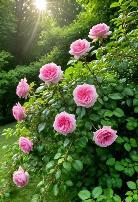 Dark pink roses blooming on lush green trees, captured in high resolution, soft sunlight filtering through the leaves, sharp details, vibrant colors, serene atmosphere