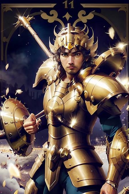 librasaint, golden armor, golden shields,golden weapons on back,full armor, gold armor,polearm