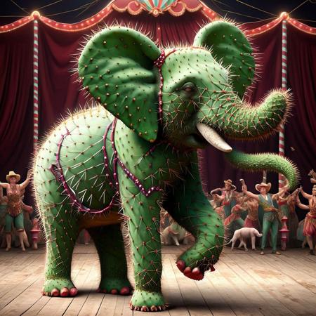 a tap-dancing elephant at the circus<lora:Prickly Pear Style v1:1>, Prickly Pear Style,