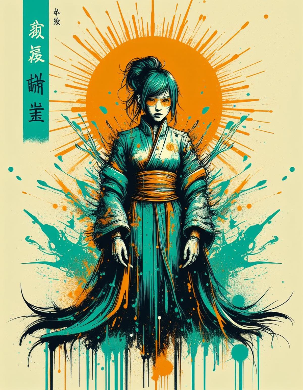 (vertical banner reading "SPLASH ART":1.3) , mad-cbrpnksplshrt cyberpunk woman wearing a futuristic kimono in front of stylized sun, cybernetic implants, paint splashes, outrun, teal and yellow background