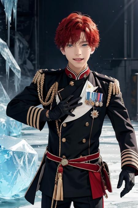 <lora:HiiroAmagi-01:0.7>,hiiro, solo, looking at viewer, smile, open mouth, blue eyes, gloves, 1boy, male focus, red hair, black gloves, uniform, buttons, epaulettes, ice