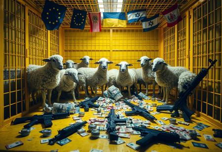 Inside a large, bright yellow cage, a mix of anthropomorphic sheep and humans interact, blending both species’ features in a surreal tableau. The scene is illuminated with cinematic lighting, casting dramatic shadows that enhance the tension. Scattered across the floor are euros and dollars, lying chaotically alongside hand grenades and M16 rifles, creating a symbolic atmosphere. Above the cage, European Union, USA, Ukrainian, Israeli, and Iranian flags wave gently. The image is captured as if through Panavision Himax lenses, adding a rich depth of field that emphasizes the contrast between the lively figures and the ominous presence of weapons and money