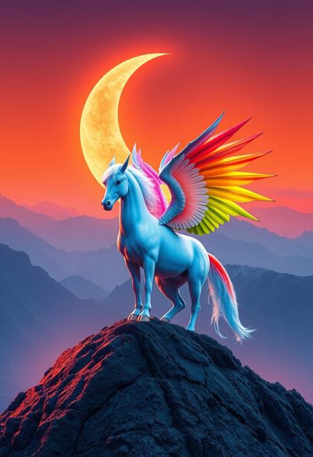 Hippogriff, rainbow wings, on a mountain, cinematic photograph with an orange and blue synthwave crescent moon background.
