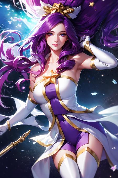 white thighhighs, elbow gloves, hair ornament, star hair ornament, dress, star guardian \(league of legends\), purple hair, long hair