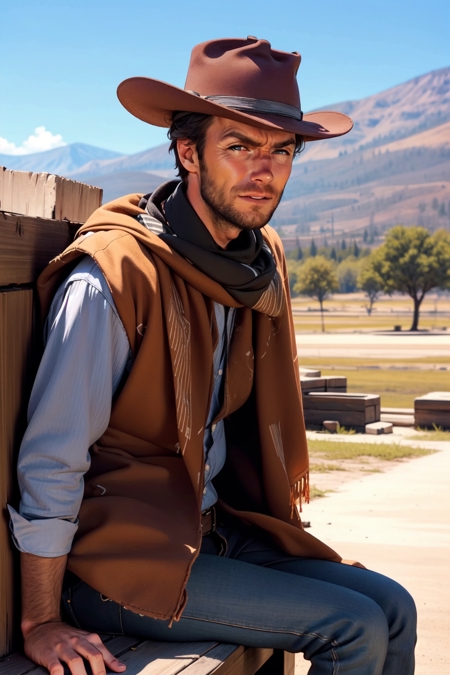 clint eastwood cowboy hat short hair beard poncho vest long-sleeve shirt neck bandana pants