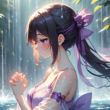 (((masterpiece))),  (((best quality))),  (((from side))),  (((takigyo))),  ((mudra)),  ((close hands together)),  ((meditation under water)),  ((falling water hitting body)),  ((purple complex pattern chiffon see through miko)),  close eyes,  daze eyes,  solo,  1girl,  collarbone,  cleavage,  big tits,  sweat,  ribbon,  brown updo hair,  shy,  blush,  wet body,<lora:EMS-277088-EMS:1.000000>