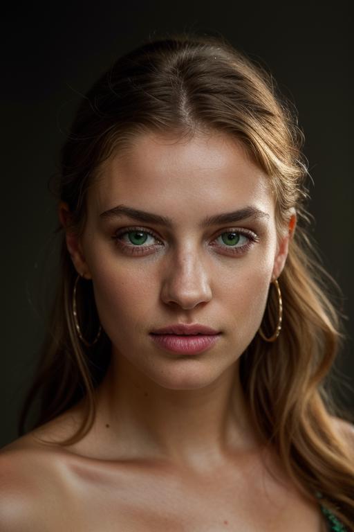 A young woman with green eyes and gold hoop earrings.