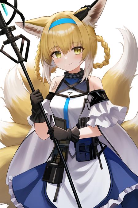 masterpiece, best quality, highres, 1girl, solo, {suzuran_arknights:1.10}, animal_ears, fox_ears, blonde_hair, fox_girl, fox_tail, bangs, tail, green_eyes, hairband, animal_ear_fluff, multiple_tails, blue_hairband, braid, hair_rings, kitsune, white_hair, multicolored_hair, smile, infection_monitor_\(arknights\), holding, oripathy_lesion_\(arknights\), hair_between_eyes, long_hair, two-tone_hair, bare_shoulders, looking_at_viewer, black_gloves, gloves, white_shirt, shirt, single_glove, simple_background, closed_mouth, skirt, white_background, frills, twin_braids, frilled_skirt, purple_skirt, staff, blush, holding_staff