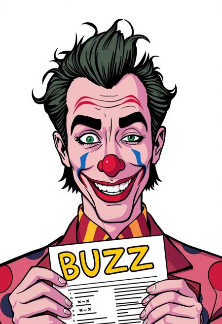 saul goodman, anime style, flat colours, illustration, psychedelic colors, trippy, „BUZZ“, portrait shot, holding flip chart, wide smile, half closed eyes, thick eyebrows, clown makeup
