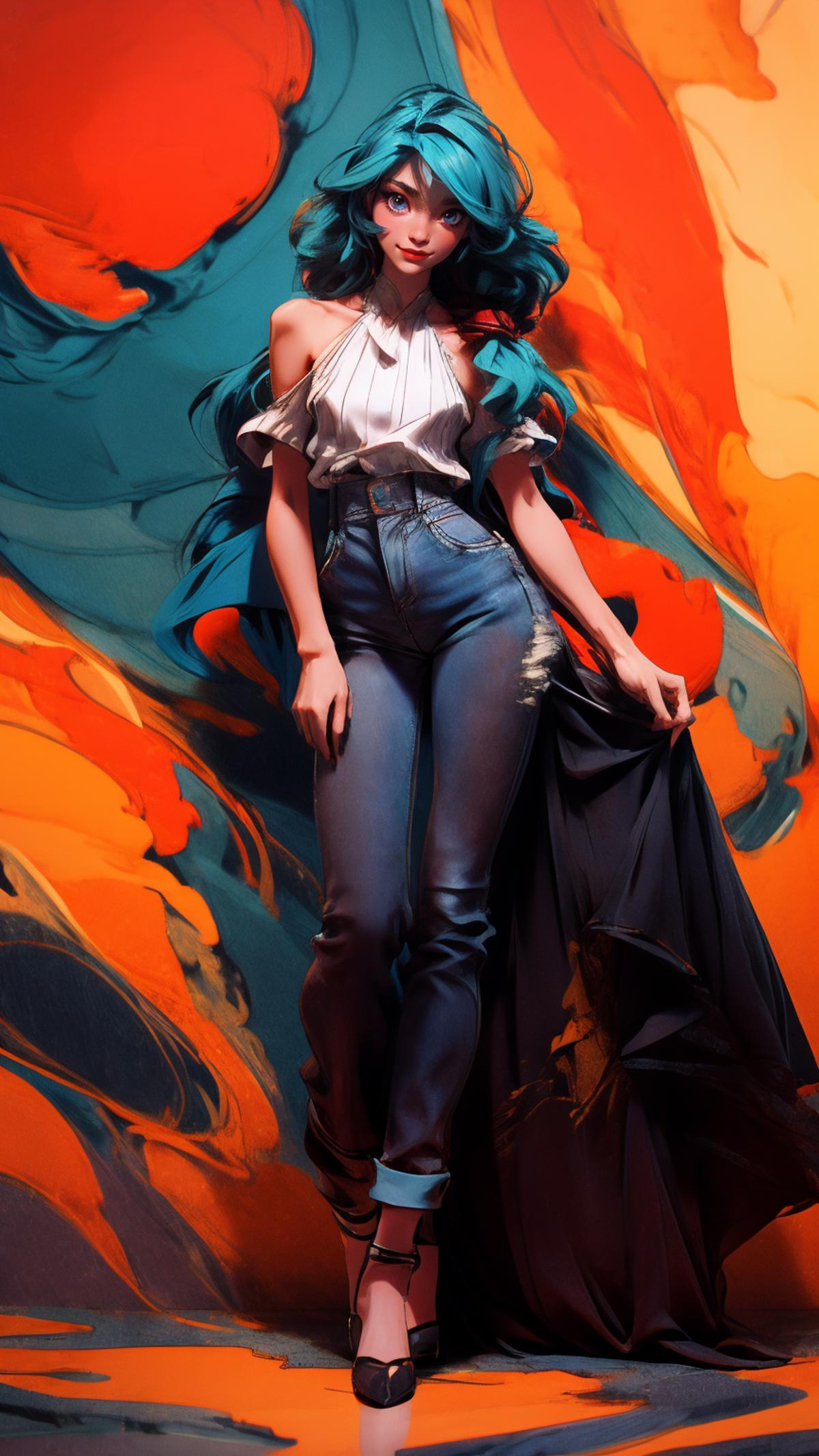 Artistic Illustration of a Woman in Blue Jeans and a White Shirt.