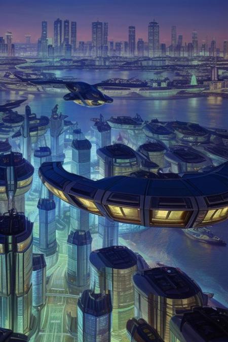 spaceship flying above a futuristic city and river, aerial view, lights <lora:jgurney:0.8>