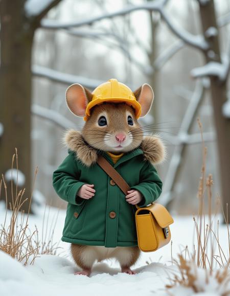 A vivid portrayal of a mouse in a winter setting. The mouse is dressed in a green coat with a fur collar, the trees are bare and in winter mode, its very cold, the grass is covered in snow,  he's very small against the scenery, the mouse is wearing yellow hard hat and a lunch bag,
