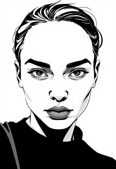 A black-and-white portrait with a soft, digital art style, pastel colors, simple background, flat illustration, close-up perspective, front view, comic strip aesthetic, collage elements, experimental composition, bold outlines, soft gradients, modern minimalism, playful textures, mixed-media feel, contemporary illustration