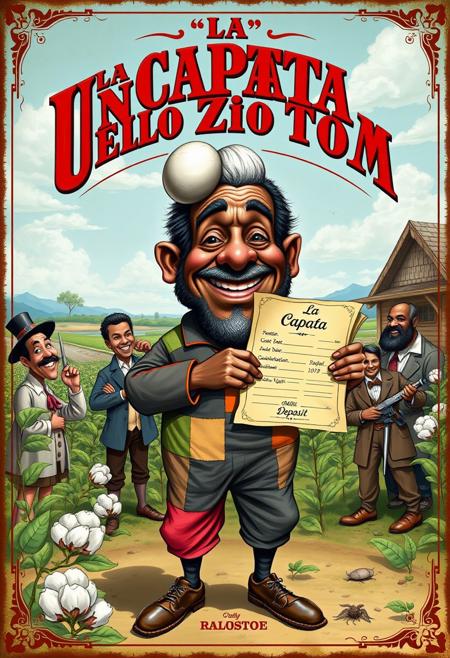 “Create a caricature-style book cover inspired by Uncle Tom’s Cabin, reimagined as La CAPATA dello Zio Tom. The design should combine humor and social commentary with bold, vibrant colors, evoking a 19th-century vintage book cover aesthetic.
Uncle Tom is depicted as a larger-than-life, jovial character with a large, exaggerated bump on his head, having just knocked it against a wall. His attire is patched yet colorful, and he’s holding an oversized, ornate contract or receipt labeled ‘La Capata,’ symbolizing the deposit. The bump on his head adds a humorous, slapstick element to the scene.
Around him, incorporate exaggerated caricatures of key characters from the novel, each embodying whimsical yet pointed social commentary. The plantation backdrop should include surreal, playful elements, such as oversized cotton plants and an idyllic yet exaggerated landscape.
The title, La CAPATA dello Zio Tom, should dominate the cover with intricate, ornate typography, blending classic 19th-century styles with a lively, modern twist. Add small, humorous details, like hidden icons or ironic elements, to complete the satirical tone while respecting the serious themes of the original work.”