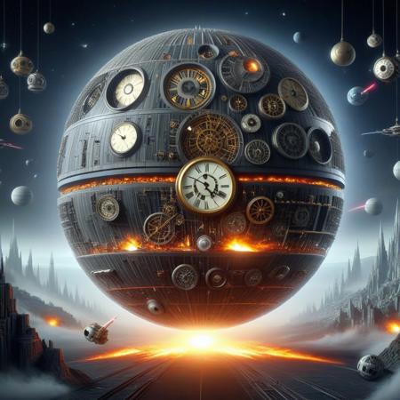 scenery, outer space, the (star wars death star:1.5) made of clocks, death star firing it's doomsday weapon.
BREAK
sfw, PG, anatomically correct, proper proportions, absurdress, newest, perfect quality, best quality, absolutely eye-catching, creative, beautiful, vibrant, masterpiece, 8k, Ultra HD, amazing details, sharp edges, detailed textures, full view, atmospheric lighting, amazing visuals
