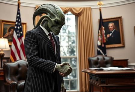 president cthulu in a sharp pin striped suit shaking hands in the oval office, real photograph