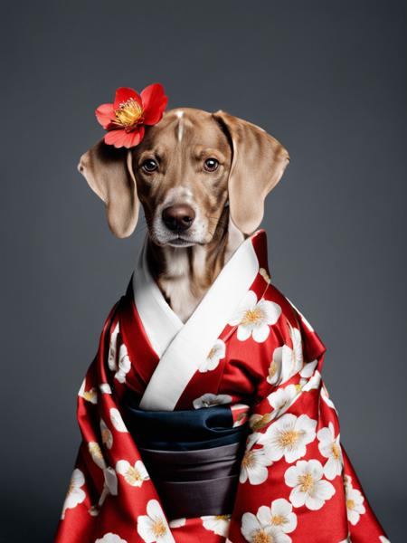 fashion photography of a dog with kimono,  <lora:William_Wegman:0.75>