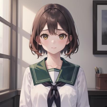 (masterpiece, best quality:1.2),illustration,8k,hd,1girl,solo,upper body,(portrait:1.2),white serafuku,uniform,black pantyhose,green sailor collar,green pleated skirt,shoes,short brown hair,<lora:Mutsuki(kan):0.8>,