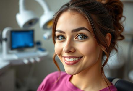 front view of a Beautiful real young woman, dentistry work space at the background