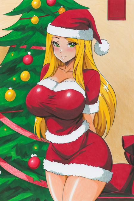 <lora:Traditional_Media_Anime:1>, ((masterpiece,best quality)), absurdres, detailed eyes, 
1girl, solo, long hair, looking at viewer, blonde hair, large breasts, red short dress, santa hat, santa outfit, arms behind back, smile, blushing, green eyes, christmas tree,