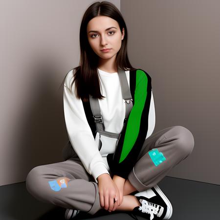 Aesthetic portrayal of a woman with a small body
Attired in a long-sleeved grey t-shirt (0.8), brown overalls (0.8), brown trousers (0.8), white socks (1), and black Vans shoes (1)
Sitting cross-legged, one hand resting on the knee, the other hand on the ground with fingers extended. Head slightly tilted with a serene expression