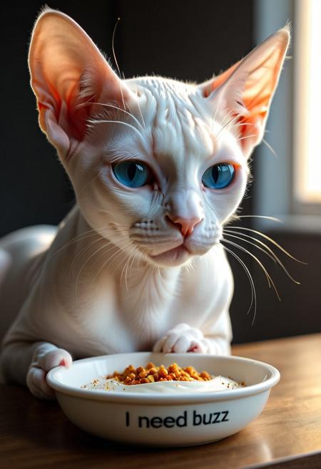 Masterpiece, ultra-detailed, hyper-realistic, cinematic lighting, beautiful white Sphynx cat with long fluffy fur and striking blue eyes, captured in a calm and elegant moment while eating from a food bowl. The bowl is clearly labeled with the words "I Need Buzz". The cat is positioned facing slightly sideways, showing its face and detailed fur texture as it eats. Realistic whiskers and individual fur strands are visible, enhanced by soft lighting and a shallow depth of field. A subtle warm backlight adds depth, contributing to a photorealistic, perfect animal portrait.
