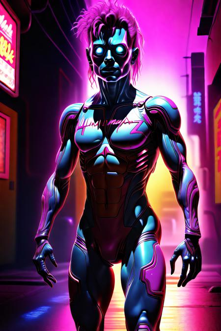 box_art_frenzy of synthwave humanoid being by artist shawnmalloyrocks, unsettling eyes, UHD, 16K, photo realistic masterpiece, scene from a drama movie, hyper realistic, grim, dim lighting, ambient occlusion, cyberpunk, midnight city, neon lit signs, back alley ways, sharp focus, uncanny valley, Zack Snyder, Jay Anacleto, Tim Burton, claymation