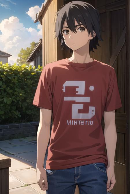 jintayadomi, <lora:jinta yadomi s1-lora-nochekaiser:1>,
jinta yadomi, black hair, male focus, (brown eyes:1.3),
BREAK shirt, pants, t-shirt, red shirt,
BREAK outdoors, house, fields, grass, sky, sun, clouds,
BREAK looking at viewer, (cowboy shot:1.5),
BREAK <lyco:GoodHands-beta2:1>, (masterpiece:1.2), best quality, high resolution, unity 8k wallpaper, (illustration:0.8), (beautiful detailed eyes:1.6), extremely detailed face, perfect lighting, extremely detailed CG, (perfect hands, perfect anatomy),