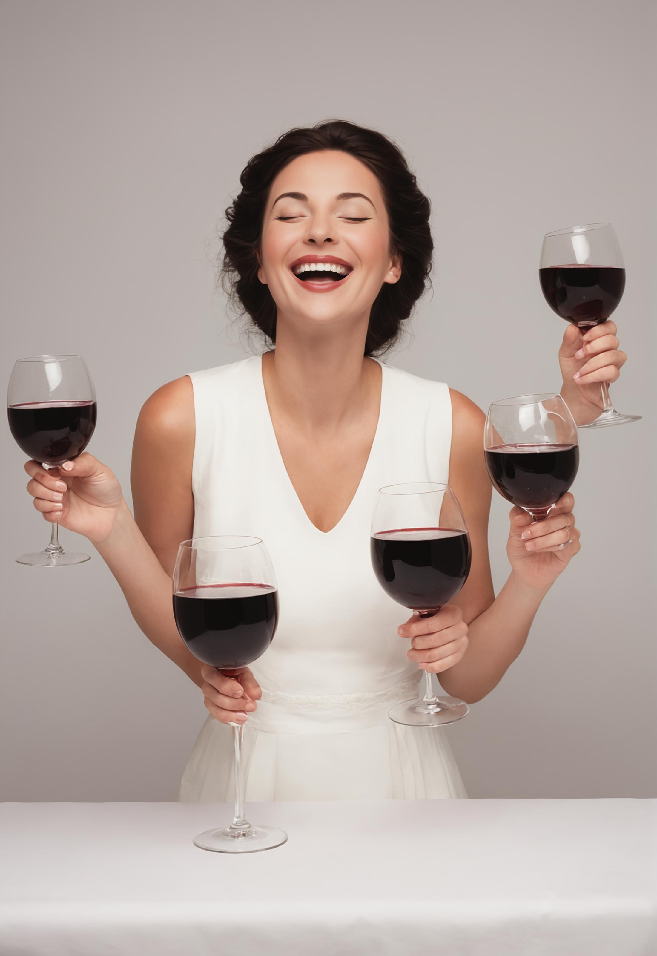 A woman holding three glasses of wine in her hands.