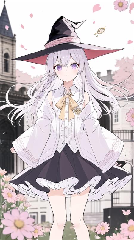 <lora:elaina-000080:0.6>,elaina_face, 1girl, solo, hat, shirt, witch hat, skirt, flower, white shirt, purple eyes, black headwear, braid, looking at viewer, bow, long sleeves, frilled skirt, collared shirt, black skirt, broom, frills, open robe, bangs, outdoors, robe, wide sleeves, ribbon, building, open clothes, bowtie, black robe, petals, feet out of frame, yellow bow, neck ribbon, <lora:animeLineartStyle_v20Offset:1>