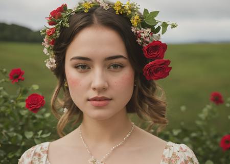 RAW photo, subject, 8k uhd, dslr, high quality, film grain, Fujifilm XT3, professional photo, (detailed skin:1.3), high quality, cinematic photo,  highly detailed, high budget, bokeh, cinemascope, moody, epic, gorgeous, Expressive, <lora:Floral_Academia:0.6> , floral academia style, floral academia, floral academia portrait, floral academia fashion, Masterpiece, Best Quality, (Photorealistic:1.4), 1 Girl, Face Details:1.8, Large Breasts, ((Garland)), Glowing, RED, ((Dress Medieval Flowers)), in Fields, Highly detailed Vibrant, Beautiful, Painterly, Detailed, Digital Art, HDR