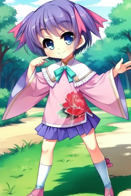 Riri, Riri, blue eyes, purple hair, short hair, ribbon, twintails, two side up, hair ribbon,