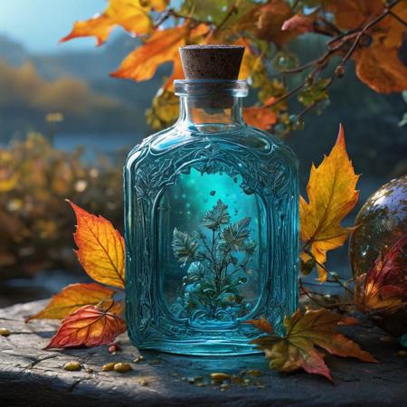 bioluminescent, 
effervenscent, 
Autumn, 
potion, 
beautiful clear glass bottle, 
Jean-Baptiste Monge style, 
16k, 
uhd, 
art by Josephine Wall, 
Anne Stokes, 
ultra hd, 
realistic, 
vivid colors, 
highly detailed, 
UHD drawing, 
pen and ink, 
perfect composition, 
beautiful detailed intricate insanely detailed octane render trending on artstation, 
8k artistic photography, 
photorealistic concept art, 
soft natural volumetric cinematic perfect light