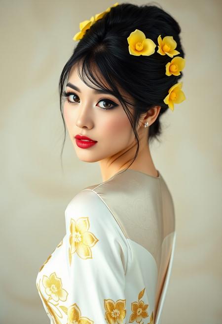 a gorgeous 25 years old asian woman, very pale skin, black very long hair in elegant updo with yellow lotus flower hairpins, long black eyelashes, black mascara, black eyeliner define her big beautiful dark green eyes, golden glittering eyeshadow, luscious sensual pink glossy lips, rouge, sexy curves, big breasts, very long elegant white dress with golden flower pattern, turns her head at viewer sensually and dominantly