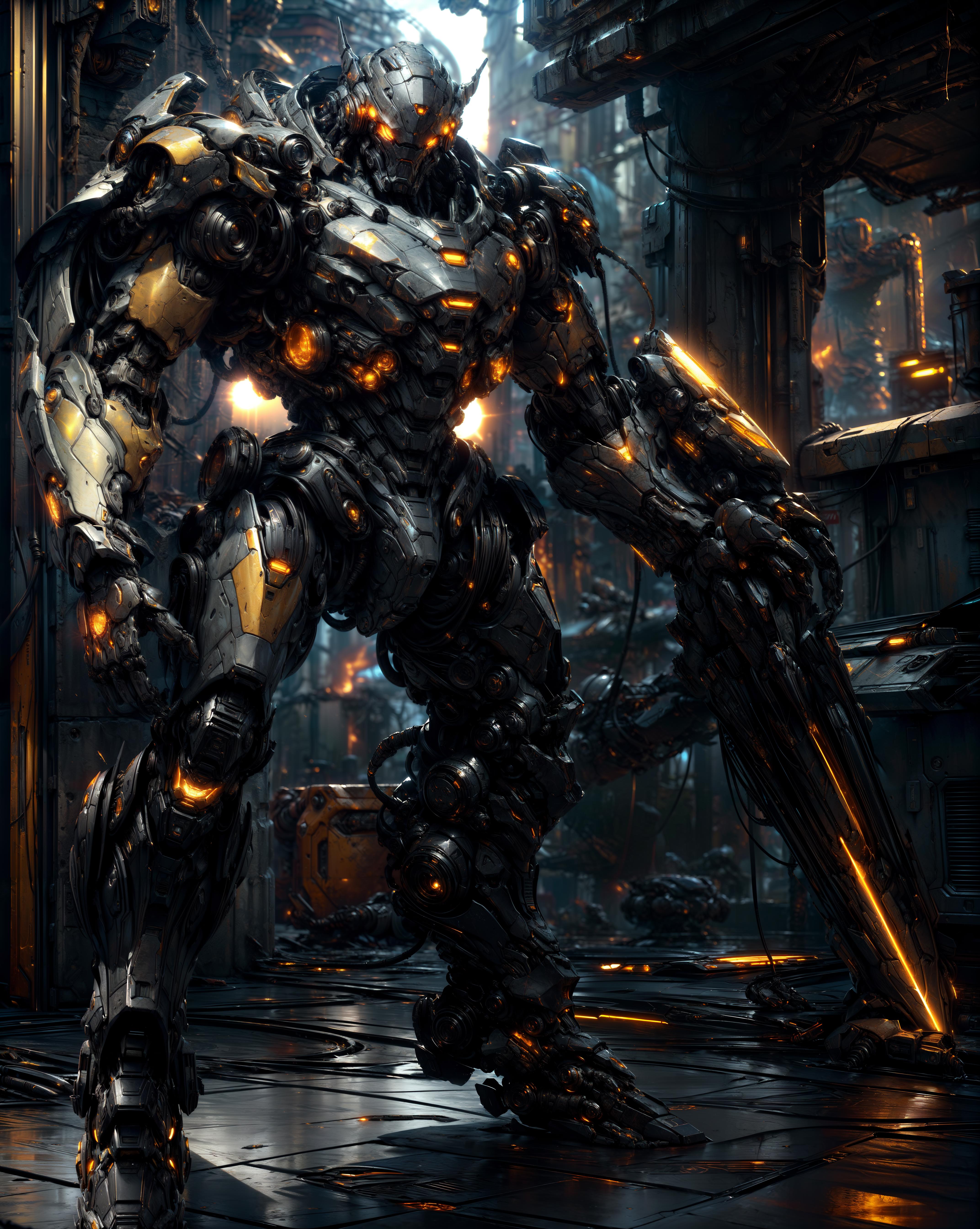 A robot with a sword and shield, standing in a city surrounded by a maze of wires.